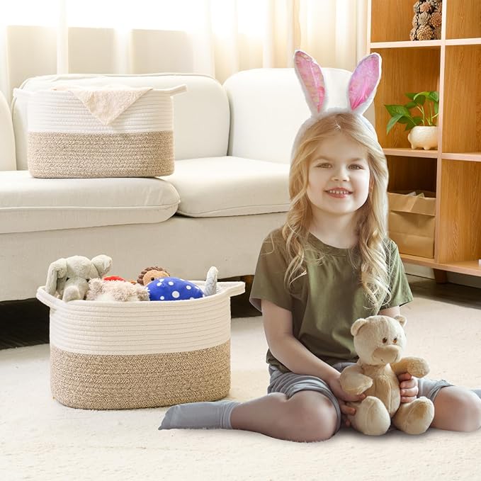 Cotton Rope Woven Storage Basket, Used for Baby Hamper Toy Organizer, Gift Baskets Empty,Kids Laundry Basket,Baby Blanket Basket. Size 15x10x8.7 Inches. (White&Brown-3PCS)-CubbioJoy