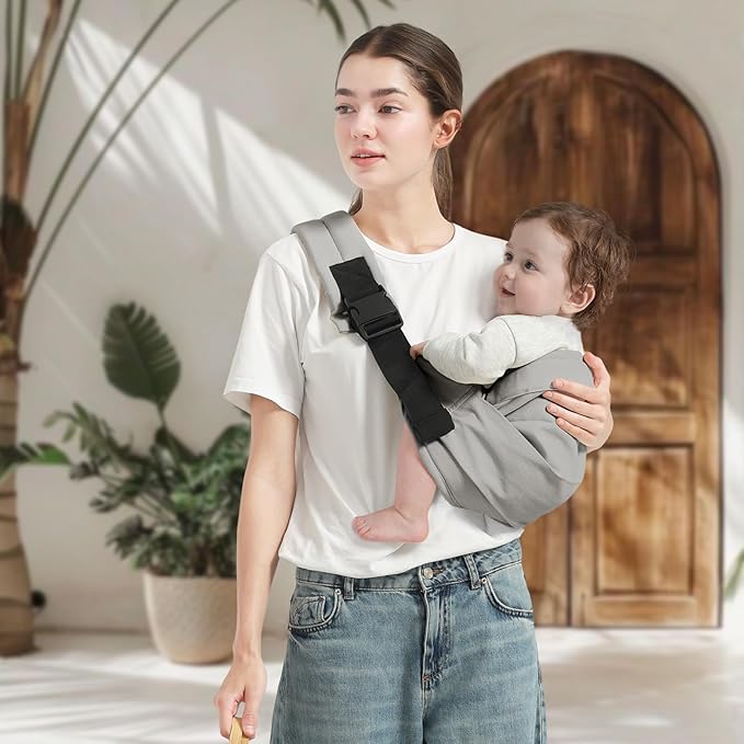 Baby Sling Carrier, Toddler Carrier Sling with Double Safety Buckle and Adjustable Shoulder Strap(7-30lbs), Baby Carriers One Size Fits All, Grey-CubbioJoy