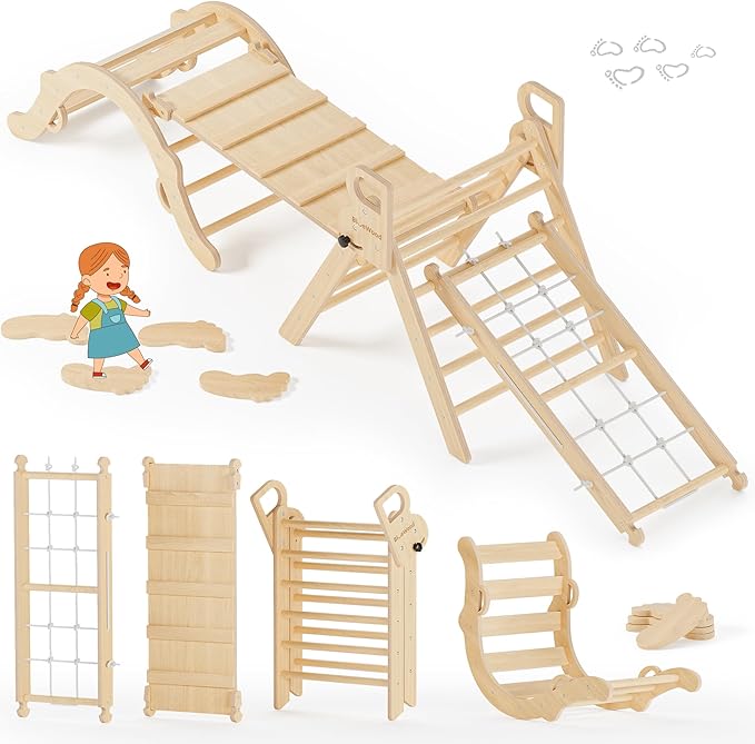 BlueWood 10-in-1 Pikler Triangle Set, Toddler Climbing Toys Indoor, Montessori Climber, Baby Jungle Gyms with Arch, Extra Rope Ladder & Footprint Balance Beam - Natural Rustic-CubbioJoy