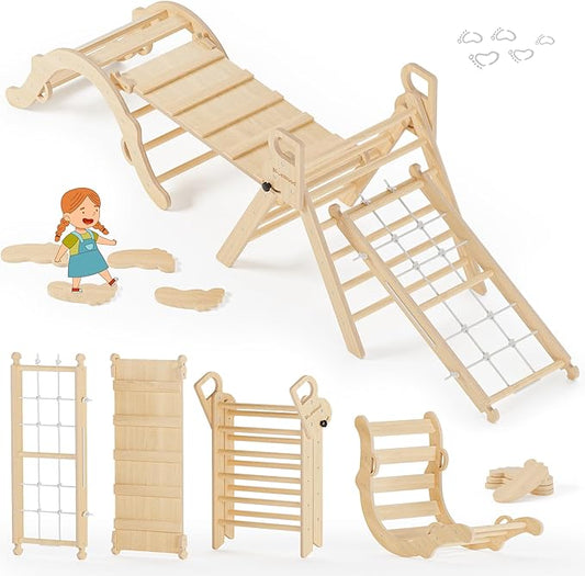 BlueWood 10-in-1 Pikler Triangle Set, Toddler Climbing Toys Indoor, Montessori Climber, Baby Jungle Gyms with Arch, Extra Rope Ladder & Footprint Balance Beam - Natural Rustic-CubbioJoy