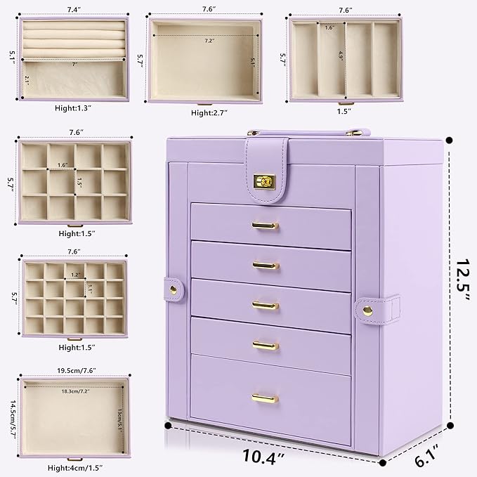 AKOZLIN Large Jewelry Box Organizer Functional Lockable with Big Mirror, Leather Jewelry Storage Case for Women Girls Ring Necklace Earring Bracelet Holder Organizer Violet-CubbioJoy