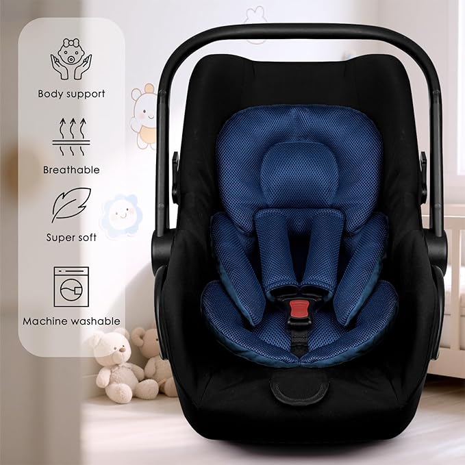 Infant Car Seat Insert for Newborn Girls Boys, Summer Mesh Baby Carseat Head Support with Strap Pads, Soft Reversible Baby Car Seat Insert Cushion Pad for Car Seat, Stroller, Bouncer, Swing, Blue-CubbioJoy