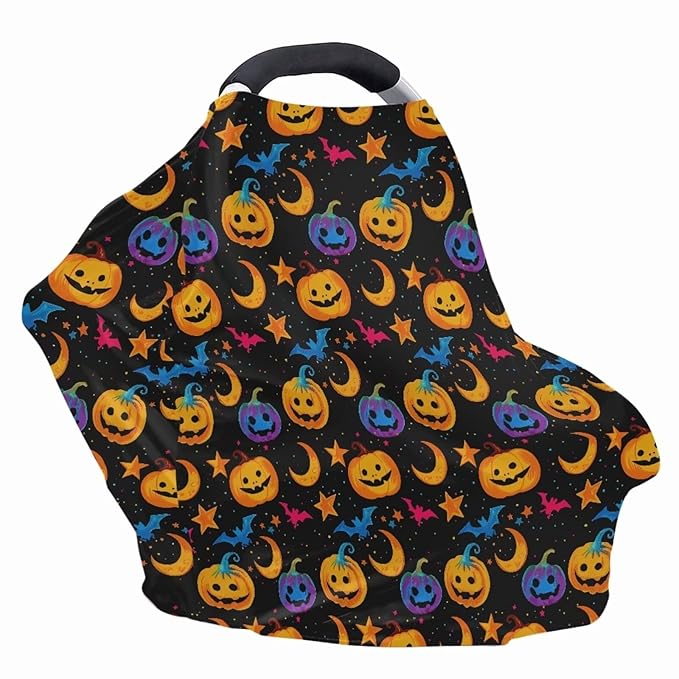 Binienty Galaxy Pumpkin Bats Moon Car Seat Covers for Babies, Halloween Decoration,Halloween Pumpkin Nursing Cover Breastfeeding Scarf, Stretch Baby Carseat Canopy-CubbioJoy