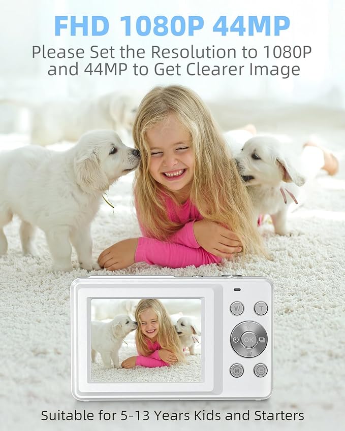Digital Camera for Kids and Starters, FHD 1080P Point and Shoot Camera with 32GB Card 16X Zoom Anti Shake, Gift for Boys Girls Kids, White-CubbioJoy