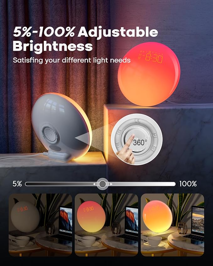 Dekala Sunrise Alarm Clock for Heavy Sleepers, Smart App Control, Bluetooth Speaker, Wake up Light Sunrise Sunset Simulation, White Noise Sound Machine, Night Light for Bedrooms Kids Adults-CubbioJoy