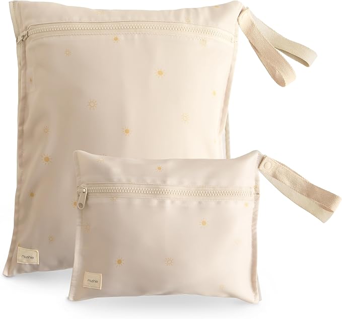 mushie Water Resistant Wet Bags | Large & Small Reusable Storage Bag for Baby Items and Travel | Zippered Pockets with Handle | Machine Washable, Set of 2 (Sun)-CubbioJoy