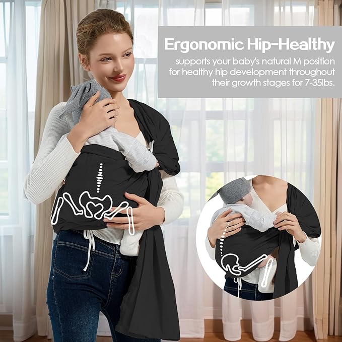Baby Wrap Ring Sling 7-35 lbs, Baby Sling Carrier for Newborn, Toddler, Infant Holder, Lightweight Baby Carrier Wraps, Black-CubbioJoy