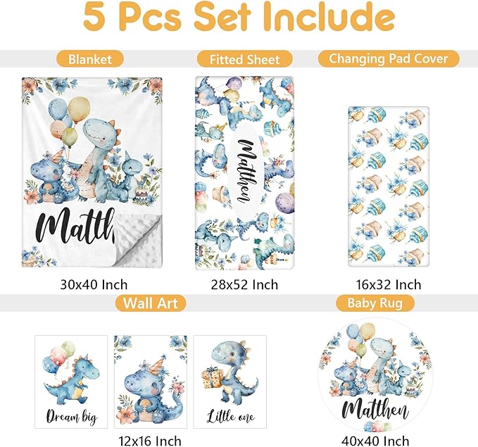 Custom Baby Crib Set - 5 Pcs Personalized Name Blue Dinosaur Crib Bedding Set for Infants Toddlers - Soft Double Layer Nursery Bedding Set for Boys - Customized Gifts for Baby Shower Birthday-CubbioJoy