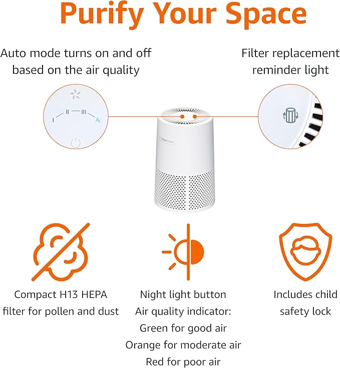 Amazon Basics Air Purifier for Home and Office, With 3-Stage Filtration, HEPA Filter With Activated Carbon, 3 Speeds, Timer, Sleep Mode (32db), Energy Star Certificate, Covers Up to 1067 Sq ft, White-CubbioJoy