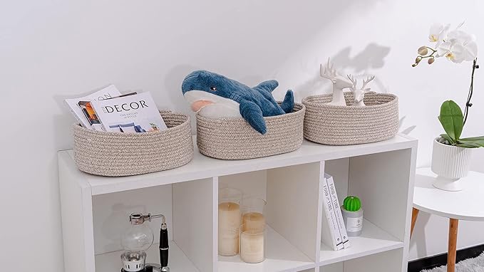 Cute Shelf Basket to Store and Organize Household Items/Baskets&Bins for Daily Storage &Organizing/Woven Rope Basket for Living Room, Playroom/Small Oval-13x8.66x5.11’’,3 Packs Light Brown-CubbioJoy