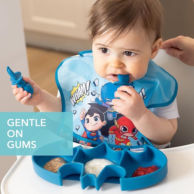 Bumkins Baby Utensils Set, Chewtensils Silicone Spoons for Dipping, Self-Feeding, Baby Led Weaning, Trainer Learning, First Stage Eating, Soft Practice Fork and Spoon, 6 Months, Batman Blue-CubbioJoy