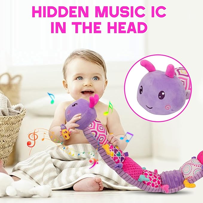 Baby Girls Toys 0-6 Month Baby Stuffed Animal Toys for 0-6 6-12 Months & A Pair of Wrist | Baby Musical Caterpillar Tummy Time Toy | Newborn Infant Sensory Toy for 1 2 Years Old Boys Girls.-CubbioJoy