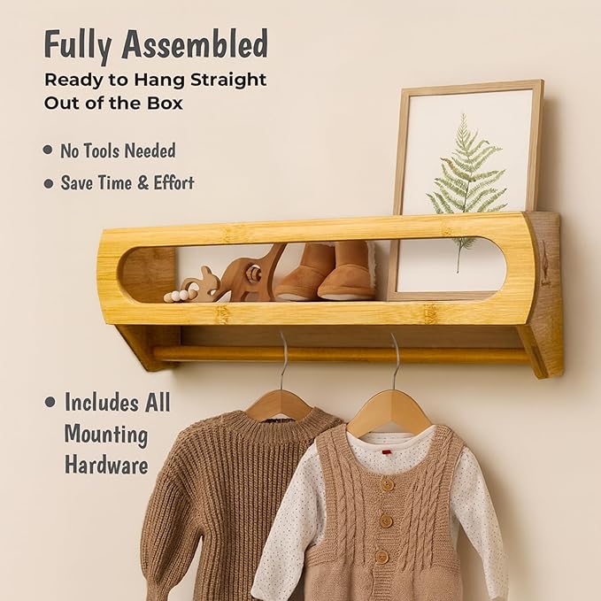 Bamboo Nursery Book Shelves, Fully Assembled For Easy Use - Set of 3 Floating Shelves for Wall Kids, Wall Mounted Book Shelves For Kids Room, Baby Room, Toddler Room, Nursery Decor, 16.5 Inch Natural-CubbioJoy