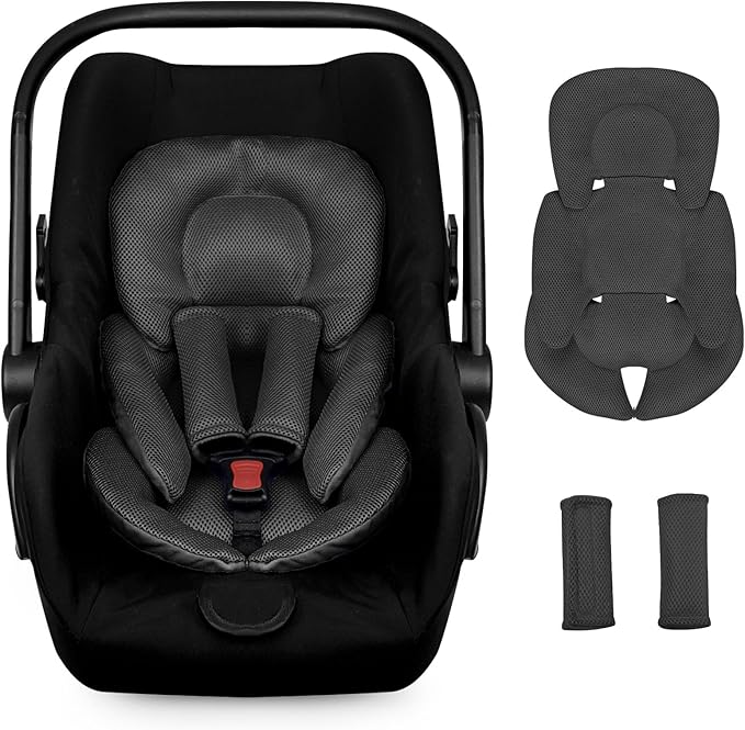 Infant Car Seat Insert for Newborn Girls Boys, Summer Mesh Baby Carseat Head Support with Strap Pads, Soft Reversible Baby Car Seat Insert Cushion Pad for Car Seat, Stroller, Bouncer, Swing, Black-CubbioJoy