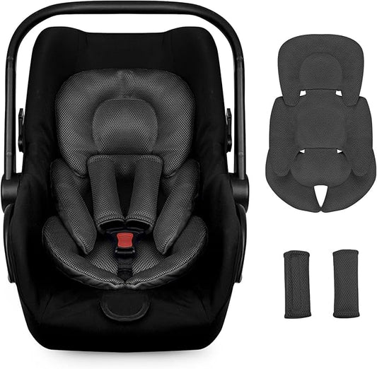 Infant Car Seat Insert for Newborn Girls Boys, Summer Mesh Baby Carseat Head Support with Strap Pads, Soft Reversible Baby Car Seat Insert Cushion Pad for Car Seat, Stroller, Bouncer, Swing, Black-CubbioJoy