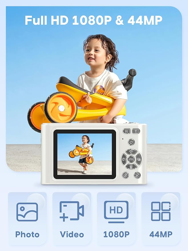 Digital Camera, 44MP Full HD 1080P Point and Shoot Camera with 64GB Card, Anti Shake 16X Zoom Compact Volg Cameras, Portable Small Camara Gift for Kids, Ages Teen Girl Boy - White-CubbioJoy