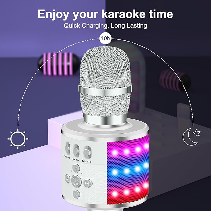 BONAOK Karaoke Microphone for Kids & Adults - Bluetooth Microphones Singing Mic with Disco Lights, Echo Effect, Built-in Speaker Portable Karaoke Player for Party Travel Gifts Q78(Silver)-CubbioJoy