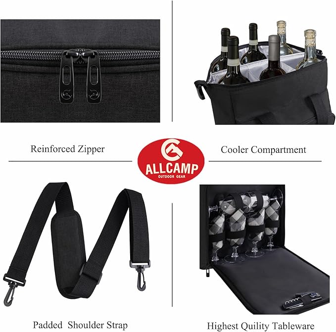 ALLCAMP 6 Bottle Wine Gift Bag - Insulated Tote Cooler, Adjustable Strap, Includes 6 Wine Glasses, Napkins & Corkscrew, Portable Travel Gifting(Black)-CubbioJoy