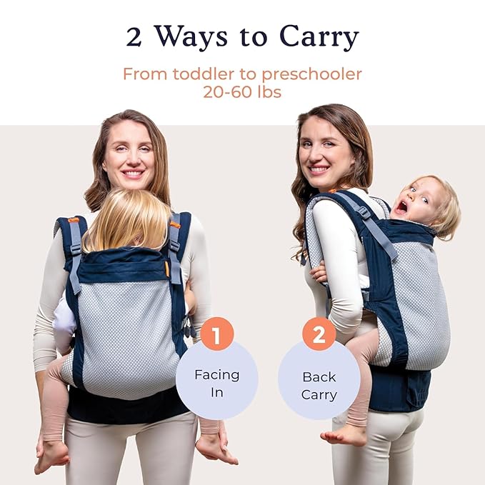 Beco Toddler Carrier - Breathable 3D Mesh Front-Carry & Backpack Style Carrier with Tall Supportive Back and Ergonomic Extra-Wide Seat for Children from 18months (20-60 lbs) - Navy-CubbioJoy
