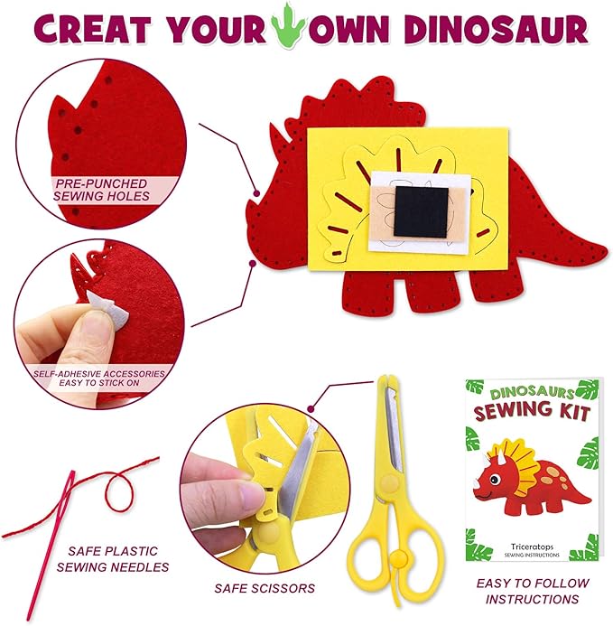 CiyvoLyeen Dinosaur Sewing Kit Dinosaur Felt Animal DIY Crafts for Girls and Boys Educational Sewing for Kids Art Craft Kits for Beginners-CubbioJoy