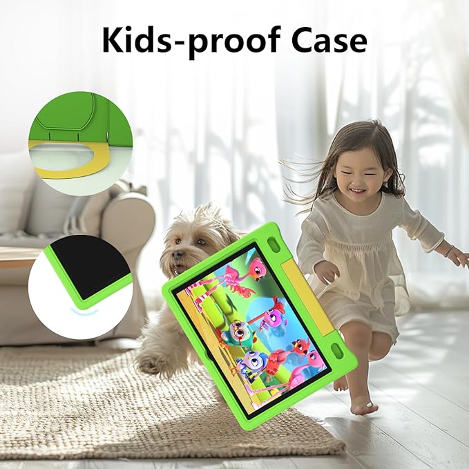 JREN Kids Table 10.1" ｜Android 14 Tablet for Kids｜64GB Storage｜Octa-Core｜WiFi ｜Cameras｜Parental Control｜Kids Content｜Case Included Great Gift for Children Ages 3-12 Years Old Green-CubbioJoy