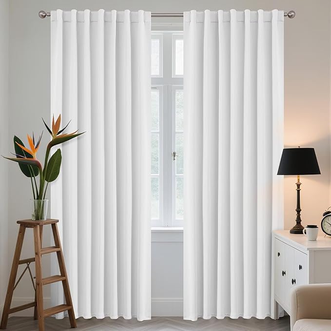 Joydeco 108 Inch 60% Blackout White Curtains 2 Panels, Elegant Semi Sheer Curtains for Bedroom,Thermal Insulated Black Out Drapes for Living Room,Rod Pocket Back Tab Drapes(W52 x L108 Inch,Pure White)-CubbioJoy
