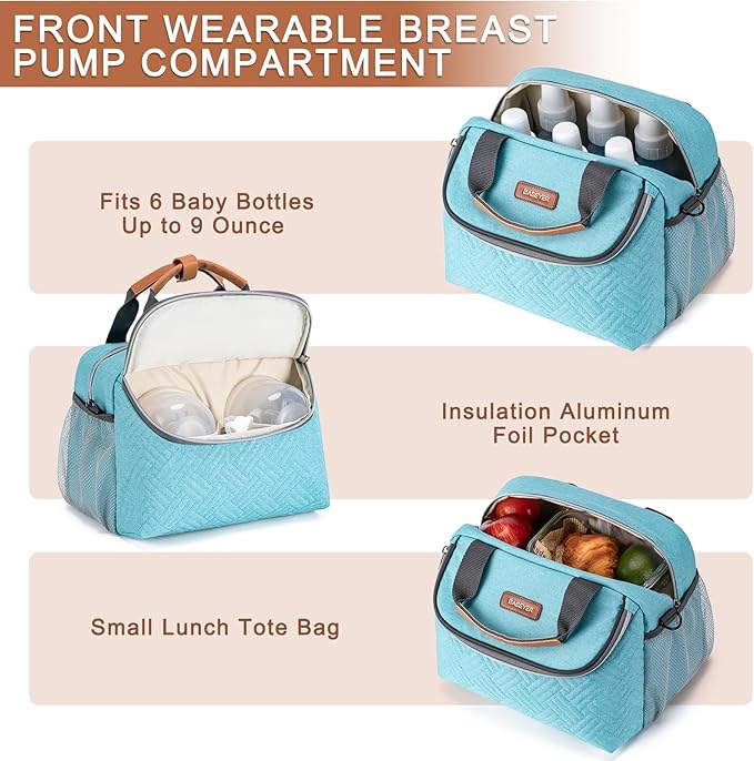 Breastmilk Cooler Bag with Ice Pack Fits 6 Baby Bottles up to 9 Ounce, Wearable Breast Pumps Cooler Bag for Nursing Mom Daycare, Work, Travel- Aqua-CubbioJoy