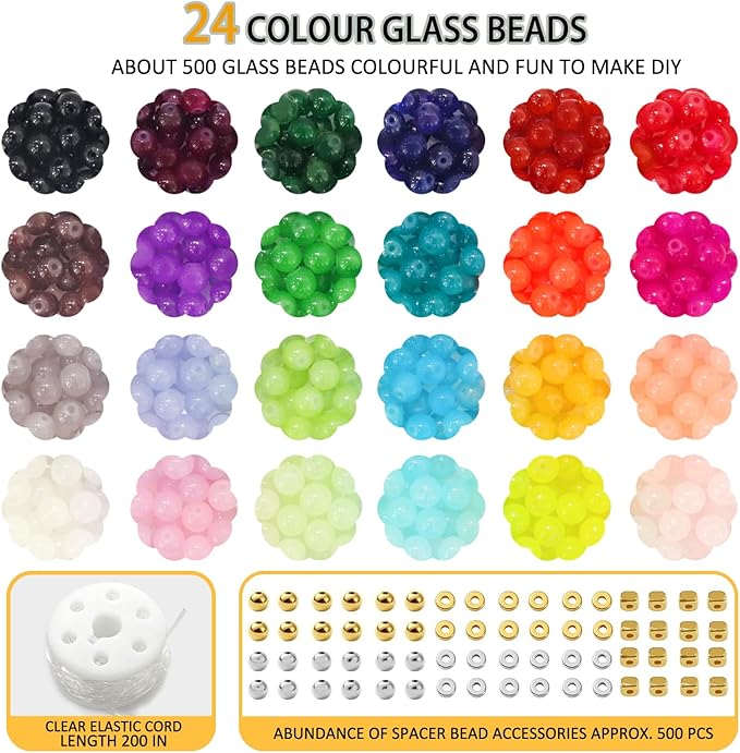 JULIMAIDONG 8mm Glass Beads for Bracelets 1000pcs, 24 Colors Round Crystal Glass Bracelet Beads Making Kit for Jewelry Making Kits Bead DIY Crafts with Spacer Charms Accessories (8MM, 24 Color)-CubbioJoy