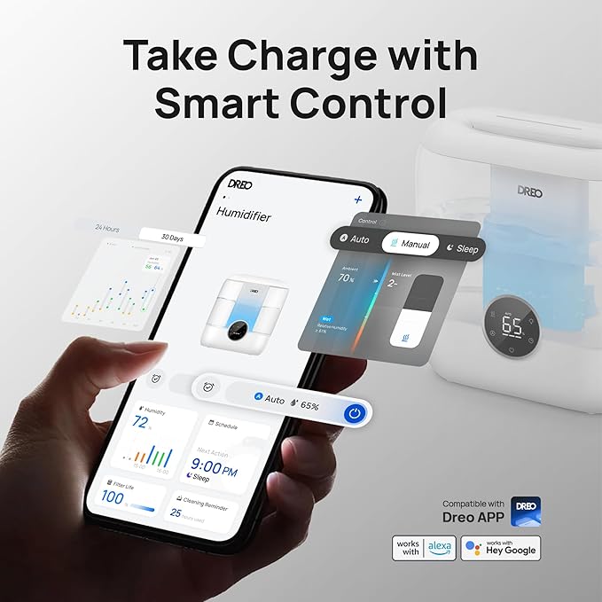 Dreo Smart Humidifiers for Bedroom, 6L Top Fill Supersized Cool Mist Humidifier for Large Room, 60 Hour Runtime, Quiet Ultrasonic Humidifiers for Plants, Baby, Indoor, Home, Night Light, White-CubbioJoy