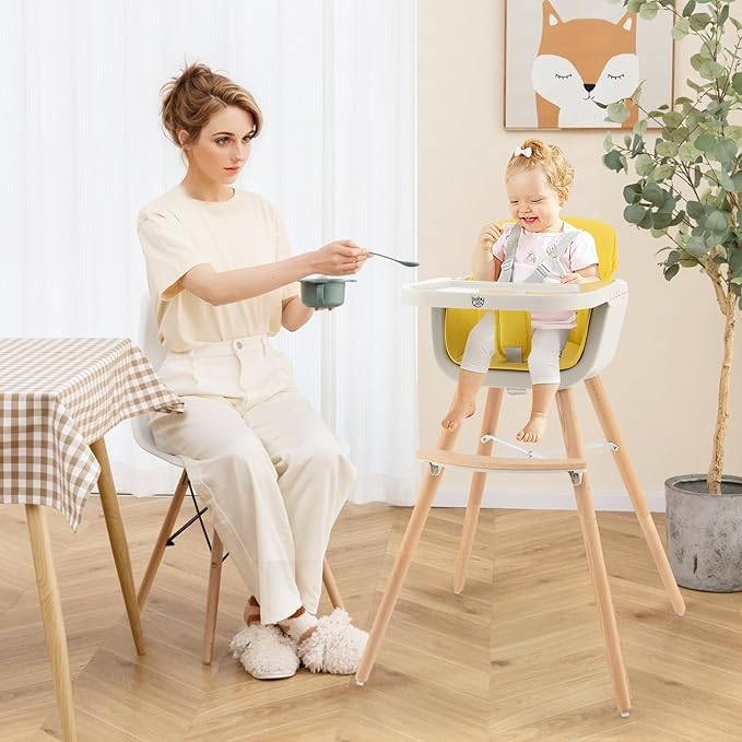 BABY JOY Convertible Baby High Chair, 3 in 1 Wooden Highchair/Booster/Chair with Removable Tray, Adjustable Legs, 5-Point Harness, PU Cushion and Footrest for Baby, Infants, Toddlers (Yellow)-CubbioJoy