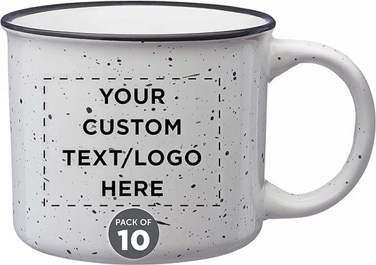 DISCOUNT PROMOS Custom Ceramic Campfire Coffee Mugs 13 oz. Set of 10, Personalized Bulk Pack - Perfect for Tea, Espresso, Cappuccino, Hot Cocoa - White-CubbioJoy