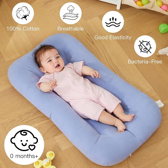 Baby Lounger for Newborn, Bionic Design Baby Lounger, Soft Organic Cotton Breathable Lounger for Infants 0-18 Months (Blue)-CubbioJoy