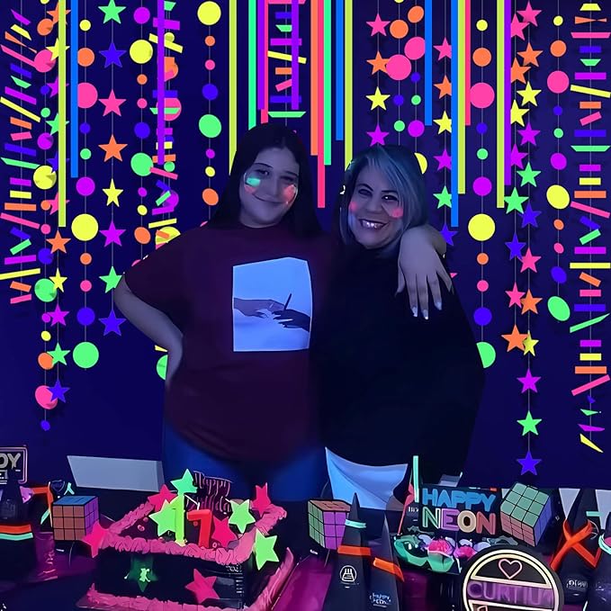 700ft Neon Paper Garland Glow in Dark Paper Streamers UV Reactive Round Dot Star Kit Banners for Neon Party Supplies, Wedding Decorations, Birthday Parties-CubbioJoy