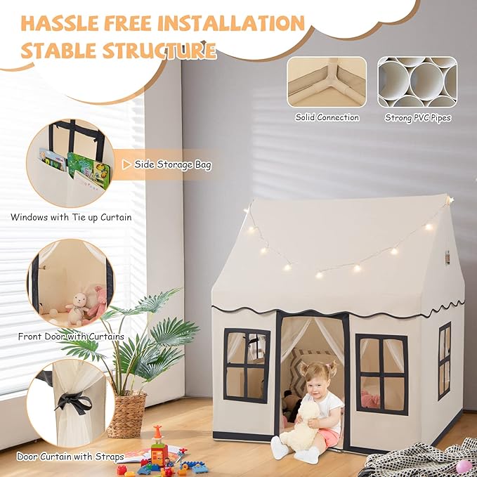 INFANS Kids Play Tent with Washable Mat Star Light Windows, Anti-Trip Large Playhouse Toys for Children Boys Girls, Indoor Outdoor Princess Tents Castle for Toddlers (Black)-CubbioJoy