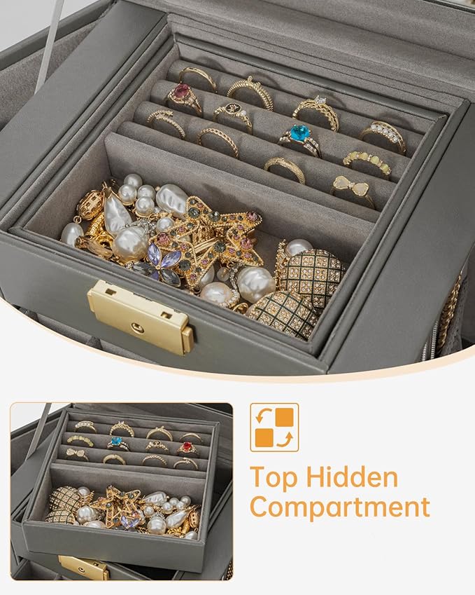 AKOZLIN 4-Tier Jewelry Box Leather Jewelry Storage Organizer with 3 Drawers Lockable for Women Girls Ring Necklace Earring Bracelet Holder with Mirror Dark Grey-CubbioJoy