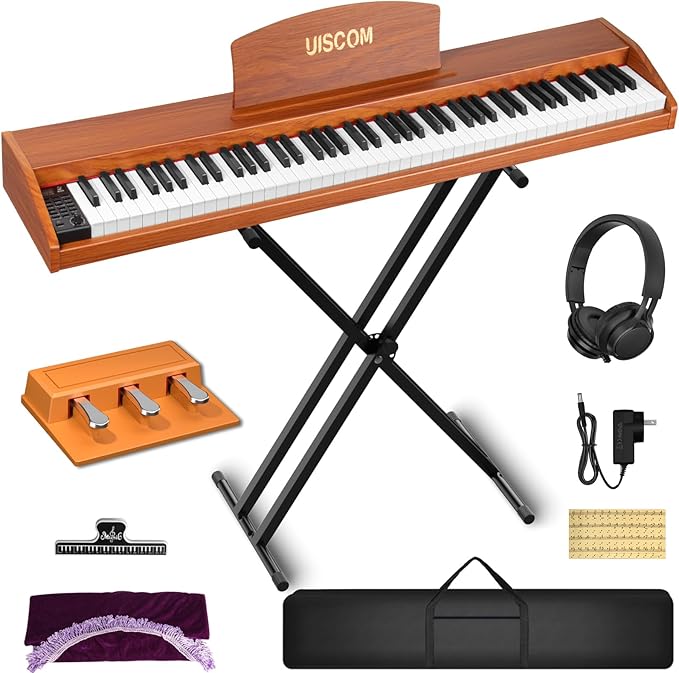 88 Key Digital Piano Keyboard for Beginners - Full Size Semi Weighted Wooden Electric Piano Set with Stand, Triple Pedal, Headphone,Carry Bag - Supports USB-MIDI Connecting (Wood Grain Brown)-CubbioJoy