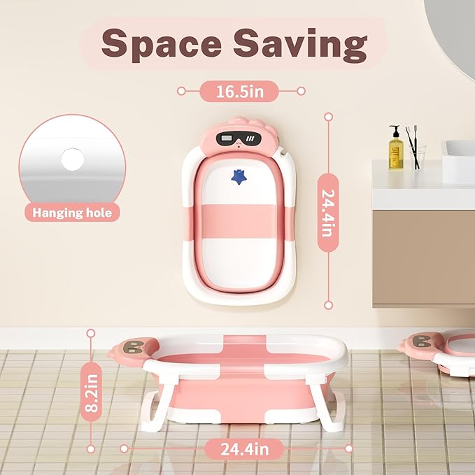 AVIDOR Baby Bathtub,Collapsible Bathtub for Newborn to Toddler,Durable Essential Infant Bath Tub,Portable Travel Baby Tub with Soft Bath Net,No-Slip Feet and Dinosaur Shaped (Pink)-CubbioJoy