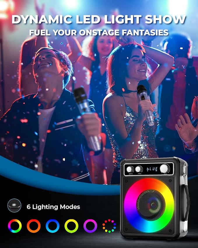 Karaoke Machine, Portable Bluetooth Karaoke Speaker with 2 Wireless Microphones, PA System for Adults Kids with LED Lights, Supports FM/AUX/USB/TF for Home Party-CubbioJoy