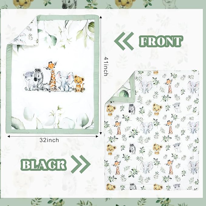 3 Pcs Baby Crib Bedding Set Safari Animals Dinosaurs Bear Woodland Animals Jungle Crib Set Includes Quilt, Fitted Sheet, Skirt for Baby Boy Girl(Light Blue,Safari)-CubbioJoy