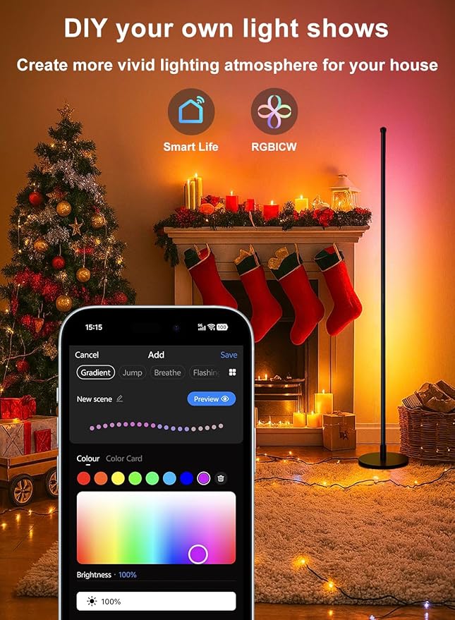 Corner Floor Lamp, Smart RGBICW LED Corner Lamp with App and Remote Control, 16 Million DIY Colors, Music Sync, Modern LED Floor Lamp for Living Rooms, Bedrooms, and Gaming Rooms-CubbioJoy