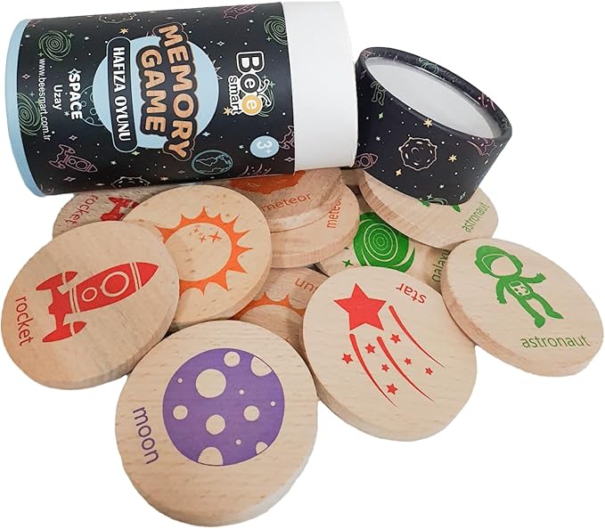bee smart Wooden Memory Game - Matching Memory Game for Kids 3 and Up, 16Pcs | Educational Toy for Preschool Toddlers Board Games (Space)-CubbioJoy