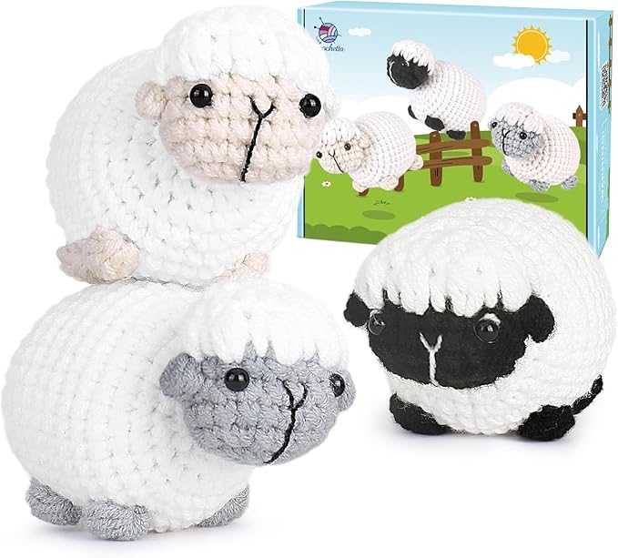 Crochet Kit for Beginners, Crochet Starter Kit with Step-by-Step Video Tutorials, Amigurumi Crochet DIY Knitting Supplies for Adults Kids, 3-Pack Little Lambs (40%+ Yarn)-CubbioJoy