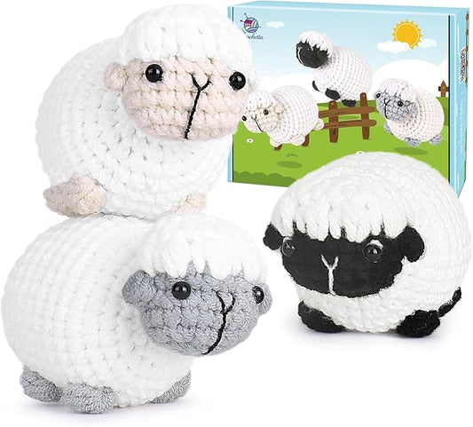 Crochet Kit for Beginners, Crochet Starter Kit with Step-by-Step Video Tutorials, Amigurumi Crochet DIY Knitting Supplies for Adults Kids, 3-Pack Little Lambs (40%+ Yarn)-CubbioJoy