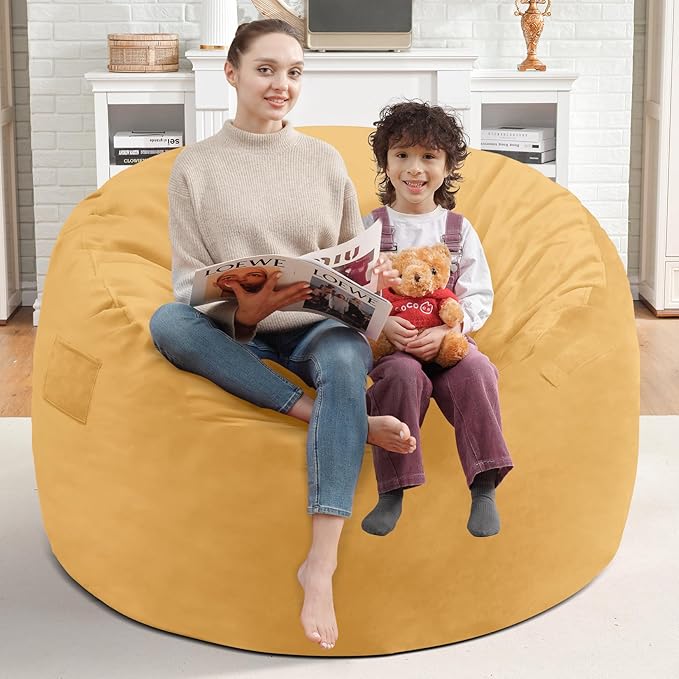3FT Bean Bag Chair, Comfy Bean Bag Chairs with Memory Foam Filled, Fluffy Beanbag Sofa with Dutch Velvet Cover, Round BeanBag Chairs for Living Room, Playroom - Mustard-CubbioJoy