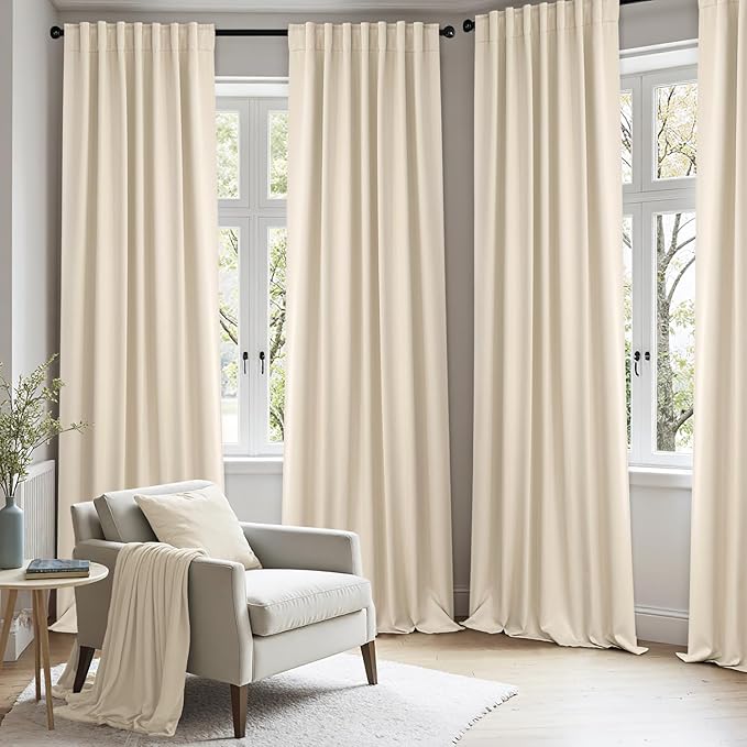 ANRODUO Back Tab Blackout Curtains for Bedroom Living Room, Rod Pocket Pinch Pleated Thermal Insulated Room Darkening Curtains 96 Inches Long 2 Panels, Cream Beige, 52 x 96 Inch-CubbioJoy