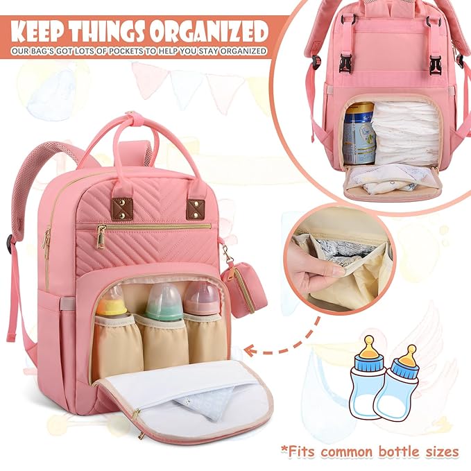Baby Diaper Bag Backpack, Travel Diaper Bags for Baby Girl Boy Large Capacity Baby Bag Backpack for Women Light Pink-CubbioJoy
