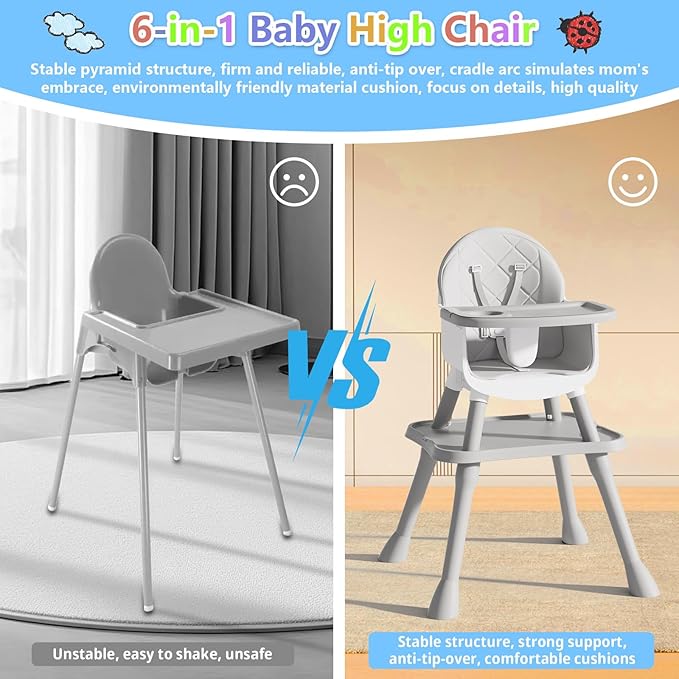 6 in 1 Baby High Chair for Babies and Toddlers, Booster Seat, Kids Learning Table & Chair (Grey)-CubbioJoy