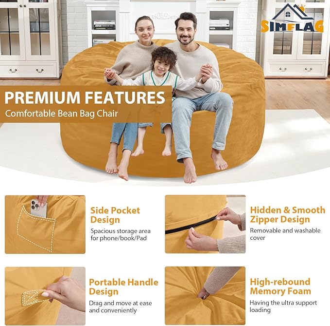 5FT Bean Bag Chair, Large Bean Bag Chairs with Memory Foam Filled, Fluffy Beanbag Sofa with Dutch Velvet Cover, Round BeanBag Chairs for Living Room, Playroom - Mustard-CubbioJoy