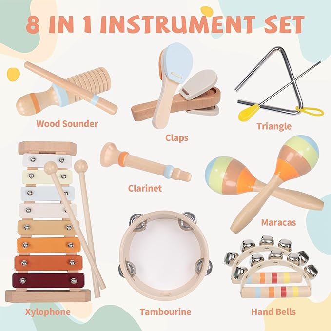 Baby Musical Instruments Set - Montessori Wooden 18 Month Old Baby Musical Toys, Toddler Percussion Instruments Xylophone Maracas Tambourine for Kids, 2 3 4 Year Old Baby Girls Boys Birthday Gifts-CubbioJoy