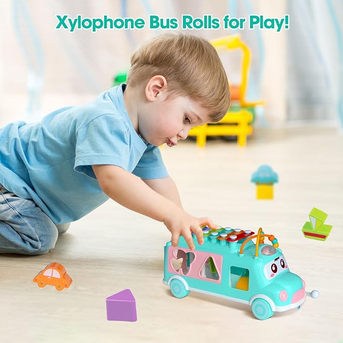 Baby Xylophone for Toddlers 1-3, Bus Shaped Toy Xylophone for Kids with Child Safe Mallet, Shape Sorting Educational Musical Toys and Instruments for Toddlers 1-3-CubbioJoy